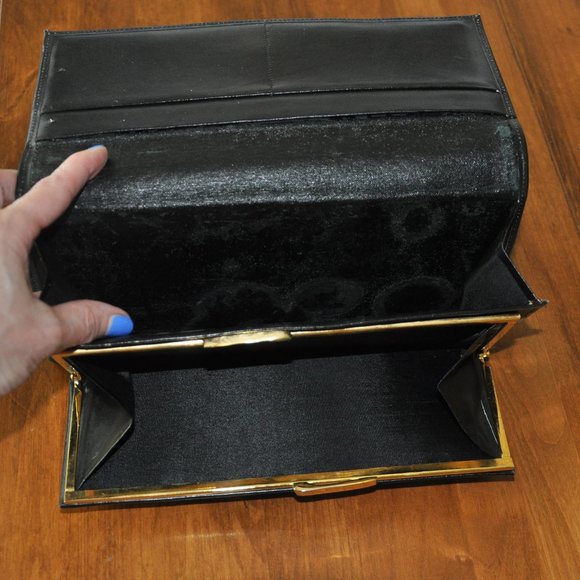 Vintage Real SNAKE SKIN Beige/Brown Bi-Foldover FLAP Clutch Black Leather Purse - Picture 5 of 5